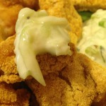 Cornmeal Oven-Baked Fish-Fry with Tzatziki Cucumber Salad, 21 grams protein, 190 calories
